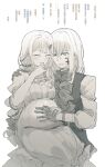  2girls aver_(yumenokessho) bang_dream! bang_dream!_it's_mygo!!!!! braid chinese_text commentary_request doloris_(bang_dream!) dress gloves greyscale hair_between_eyes hair_ornament hairclip highres implied_futanari long_hair medium_hair misumi_uika monochrome multiple_girls open_mouth pregnant protected_link rhapsode simple_background sweat three-quarter_sleeves togawa_sakiko translation_request white_background yumenokessho 