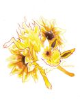  animal_focus artist_name closed_eyes closed_mouth english_commentary flower full_body hawberries jolteon no_humans painting_(medium) pokemon pokemon_(creature) pokemon_focus simple_background smile sunflower traditional_media white_background yellow_flower 