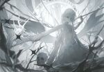  1girl animal_skeleton bandages bare_shoulders bloom_festival_(project_sekai) blue_eyes bone_weapon bridal_gauntlets commentary_request dress expressionless falling_feathers feathers highres holding holding_scythe layered_dress layered_skirt official_alternate_costume official_alternate_hairstyle over_shoulder pale_skin project_sekai scythe si1chan sitting skirt skull sleeveless sleeveless_dress solo sparkle weapon weapon_over_shoulder white_bridal_gauntlets white_dress white_skirt yoisaki_kanade 