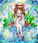  1girl ascot bow brown_hair commentary commission crystal detached_sleeves english_commentary frilled_bow frilled_hair_tubes frills gohei hair_bow hair_tubes hakurei_reimu holding holding_gohei long_hair red_bow red_eyes red_shoes red_skirt ribbon-trimmed_sleeves ribbon_trim sanuo shoes sitting skirt skirt_set socks solo touhou watermark white_socks yellow_ascot 