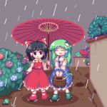  3girls :d basket black_hair blue_skirt blush bow bowtie breasts closed_eyes commentary_request detached_sleeves flower flower_bush foliage frog frog_hair_ornament green_hair green_shoes grey_sky hair_bow hair_ornament hair_tubes hakurei_reimu holding holding_basket holding_umbrella kochiya_sanae kyako_youkan long_hair lowres medium_breasts medium_hair multiple_girls oil-paper_umbrella outdoors parted_lips peeking pixel_art rain red_shirt red_shoes red_skirt shirt shoes skirt sky smile snake_hair_ornament spring_onion tatara_kogasa touhou umbrella wet white_shirt yellow_bow yellow_bowtie 