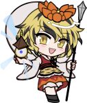 1girl :d animal_print apron bishamonten's_pagoda black_shoes black_streaks blonde_hair blush chibi chibi_only dress frilled_apron frills full_body hair_between_eyes holding holding_polearm holding_weapon long_sleeves looking_at_viewer mirei_(miirei) multicolored_hair open_mouth polearm print_apron red_dress shoes short_hair simple_background smile solo spear standing streaked_hair teeth tiger_print toramaru_shou touhou transparent_background upper_teeth_only weapon wide_sleeves yellow_apron yellow_eyes 