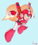  1boy absurdres android armor blue_background blue_eyes clenched_hands dynamic_pose flying full_body helmet highres male_focus mega_man_(character) mega_man_(classic) mega_man_(series) open_mouth propeller red_armor serious shyu_1014 signature simple_background solo super_mega_man_(mega_man) twitter_username 