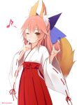  1girl absurdres animal_ear_fluff animal_ears bangs blue_ribbon brown_eyes commentary_request double_fox_shadow_puppet extra_ears fate/extra fate_(series) finger_to_mouth fox_ears fox_girl fox_shadow_puppet fox_tail hair_between_eyes hair_ribbon hakama haryuu_(poetto) highres japanese_clothes light_smile long_hair looking_at_viewer miko musical_note one_eye_closed pink_hair ribbon ribbon-trimmed_sleeves ribbon_trim short_ponytail simple_background solo tail tamamo_(fate) tamamo_no_mae_(fate/extra) twitter_username white_background wide_sleeves younger 
