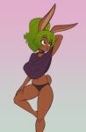 2026 alternate_species amalia_sheran_sharm ankama anthro big_breasts black_clothing black_panties black_underwear breasts brown_body brown_eyes choker clothing eyebrows eyelashes female green_hair hair hand_behind_head hand_on_leg hand_on_thigh hi_res jewelry lagomorph leporid mammal navel necklace one_leg_up open_mouth panties ponytail rabbit raised_leg scorpdk solo underwear wakfu