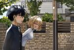  1boy 1girl antenna_hair arcueid_brunestud black_eyes black_hair blonde_hair blue_jacket blush breasts buttons carrotyeh closed_eyes collared_shirt day door fang from_side gakuran glasses hair_between_eyes hair_intakes highres house jacket lamppost leaning_forward looking_at_another miniskirt open_mouth outdoors plaid_clothes plaid_skirt school_uniform shirt short_hair sideboob skirt smile souya_high_school_uniform sweater talking tohno_shiki tree tsukihime tsukihime_(remake) turning_head turtleneck turtleneck_sweater upper_body walking white_shirt white_sweater 