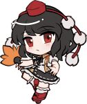  1girl black_bow black_bowtie black_hair black_skirt black_wings blush bow bowtie chibi chibi_only closed_mouth collared_shirt feathered_wings frilled_skirt frills full_body geta hand_fan hat hauchiwa holding holding_fan holding_notebook looking_at_viewer mirei_(miirei) notebook pom_pom_(clothes) red_eyes red_hat red_shoes shameimaru_aya shirt shoes short_hair short_sleeves simple_background skirt socks solo standing tengu-geta touhou transparent_background white_shirt white_socks wings 