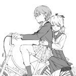  2girls asngi_1027hana bicycle commentary_request earrings from_side greyscale heaven_burns_red highres hug hug_from_behind jewelry monochrome multiple_girls nanase_nanami_(heaven_burns_red) on_bicycle riding riding_bicycle sailor_collar short_hair skirt tezuka_saki 