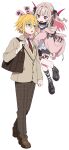 1boy 1girl bag black_dress black_shoes blazer blonde_hair brown_hair brown_jacket brown_pants commentary_request debitto_(makaino_ririmu) demon_wings dress floating full_body green_eyes highres jacket loafers long_hair looking_at_another makaino_ririmu makaino_ririmu_(5th_costume) necktie nijisanji nirvanarhat official_alternate_costume pants pink_eyes pink_jacket school_uniform shoes short_hair shoulder_bag simple_background tattoo uzuki_kou uzuki_kou_(3rd_costume) virtual_youtuber white_background winged_heart winged_heart_tattoo wings 