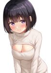  1girl black_hair blush breasts cleavage cleavage_cutout clothing_cutout eyebrows_visible_through_hair karutamo large_breasts leaning_forward long_sleeves looking_at_viewer original purple_eyes ribbed_sweater short_hair simple_background smile solo sweater upper_body white_background white_sweater 