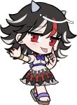 1girl :p akanbe black_hair blue_bow blue_bowtie blush bow bowtie brown_sandals buttons chibi chibi_only closed_mouth cone_horns eyelid_pull full_body grey_horns horns kijin_seija long_hair looking_at_viewer mirei_(miirei) multicolored_hair multicolored_skirt red_eyes red_streaks sandals shirt short_sleeves simple_background skirt smile solo standing streaked_hair tongue tongue_out touhou transparent_background white_shirt white_skirt white_streaks 