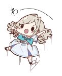  1girl :d absurdres aqua_neckerchief arms_up black_shoes ceras_yanagida_lilienfeld chibi chibi_only dress full_body grey_hair hasu_no_sora_school_uniform highres long_hair love_live! love_live!_hasu_no_sora_jogakuin_school_idol_club neckerchief oofushi_ao open_mouth outstretched_arms puffy_short_sleeves puffy_sleeves sailor_collar school_uniform shoes short_sleeves signature simple_background smile socks solid_circle_eyes solo summer_uniform v-shaped_eyebrows virtual_youtuber wavy_hair white_background white_dress white_sailor_collar white_socks 