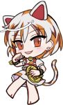  1girl :3 :d animal_ears barefoot bell blush brown_streaks calico_(pattern) cat_ears cat_girl cat_tail chibi chibi_only coin full_body gold goutokuji_mike jingle_bell koban_(gold) looking_at_viewer mirei_(miirei) multicolored_hair neck_bell open_mouth orange_eyes orange_streaks shirt short_hair short_sleeves simple_background single_paw_pose skirt skirt_set smile solo standing streaked_hair tail touhou transparent_background white_hair white_shirt white_skirt 