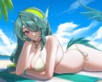  1girl arm_under_breasts artist_name beach bead_bracelet beads bikini blue_sky bracelet breasts cecilia_(zenless_zone_zero) cloud collarbone commentary day fins green_hair green_hairband green_nails green_ribbon green_tail hair_over_one_eye hair_ribbon hairband head_fins head_rest highres jewelry large_breasts long_hair looking_at_viewer lying mole mole_on_collarbone nail_polish necklace ocean on_stomach outdoors palm_tree purple_eyes ribbon sand side-tie_bikini_bottom sky smile solo svet_yomi swimsuit tree water yellow_bikini zenless_zone_zero 