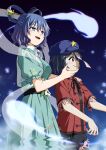  2girls black_ribbon black_skirt blue_eyes blue_hair closed_mouth commentary_request dress green_dress hair_ornament hair_rings hair_stick hand_on_another's_chin hand_on_another's_shoulder hat hat_ornament highres hitodama inuno_rakugaki jiangshi kaku_seiga lace-trimmed_sleeves lace_trim miyako_yoshika multiple_girls neck_ribbon ofuda open_clothes open_mouth open_vest puffy_short_sleeves puffy_sleeves purple_hat red_shirt ribbon see-through_clothes see-through_shawl shawl shirt short_sleeves skirt smile star_(symbol) star_hat_ornament touhou vest white_vest 