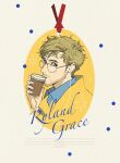  1boy arm_up beard blonde_hair blue_eyes blue_shirt character_name collared_shirt commentary cup ddiu0 disposable_coffee_cup disposable_cup english_text facial_hair glasses highres holding holding_cup looking_to_the_side male_focus messy_hair parted_hair profile project_hail_mary ryland_grace shirt short_hair sideways_glance solo untranslatable_commentary wing_collar 