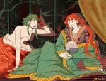  arm_support bell blood blood_on_clothes blood_on_face blood_on_hand blunt_bangs curtains eyeshadow fine_art_parody green_hair green_haori gumi hair_bell hair_ornament hair_rings haori hatsune_miku highres implied_yuri japanese_clothes kimono kitsune_no_yomeiri_(vocaloid) long_hair low-tied_hair_ring low-tied_long_hair mahatka makeup messy_hair nihonga nipples oborozuka_akari oni_to_kitsune_no_hanashi parody print_kimono red_eyeshadow red_hair red_haori red_lips shishikusa_mai short_hair style_parody topless_female ukiyo-e vocaloid 