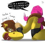 anthro arzy_parzy biped brown_hair butt butt_slap clothing dialogue dinosaur domestic_cat duo felid feline felis female gameoverse glitch_productions gobbles_(gameoverse) good_girl hair hi_res kit_bodega mammal prehistoric_species pupils reptile scalie slap speech_bubble text tongue tongue_out yellow_clothing