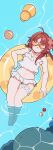  1girl absurdres afloat ahoge apple arknights bikini chinese_commentary commentary_request flower food frilled_bikini frilled_thigh_strap frills from_above fruit full_body hair_flower hair_ornament heart heart-shaped_eyewear highres innertube long_hair lying minamit myrtle_(arknights) myrtle_(summer_flowers)_(arknights) navel official_alternate_costume on_back pointy_ears red_hair solo sunglasses swim_ring swimsuit thigh_strap white_bikini 