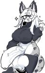 anthro balls bangs big_balls big_breasts big_penis black_clothing black_legwear black_stockings black_sweater black_topwear bottomless bottomless_gynomorph bottomless_intersex breasts clothed clothing colored colored_sketch digital_drawing_(artwork) digital_media_(artwork) eyewear felid genitals glasses gynomorph hair half-erect huge_balls huge_breasts huge_penis hyper hyper_balls hyper_genitalia hyper_penis intersex legwear long_hair looking_at_viewer mammal nipple_outline one_eye_closed open_mouth open_smile pantherine penis shiyaa_stuff simple_background sketch small_waist smile snow_leopard solo stockings sweater topwear vein veiny_penis wearing_glasses white_background