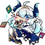  1girl ahoge blue_cape blue_dress blue_eyes blue_hair blue_horns cape card chibi commentary crystal_horns dress english_commentary fur_trim gloves gradient_hair hair_between_eyes highres holding holding_card horns indie_virtual_youtuber kuriboh long_hair mirror_force multicolored_hair nova_aokami one_eye_closed open_mouth pointy_ears raigeki solo thighhighs virtual_youtuber white_background white_gloves white_hair white_thighhighs x3dustco yu-gi-oh! 