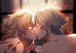  2boys blonde_hair blurry blurry_background braid chest_tattoo closed_eyes commentary eienatsoo english_commentary eyelashes from_side grey_hair hair_behind_ear highres honkai:_star_rail honkai_(series) kiss light_particles male_focus medium_hair multiple_boys mydei_(honkai:_star_rail) neck_tattoo nude parted_bangs parted_lips phainon_(honkai:_star_rail) profile red_hair red_tattoo short_hair side_braid signature sun_symbol sun_tattoo tattoo window yaoi 