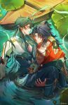  2boys absurdres ahoge aqua_eyes black_hair blade_(honkai:_star_rail) blue_hair boat carrying chinese_clothes cleavage_cutout clothing_cutout colored_inner_hair commentary curtained_hair dan_heng_(honkai:_star_rail) dan_heng_(imbibitor_lunae)_(honkai:_star_rail) dragon_horns dunhuang_style eastern_dragon_horns english_commentary ethenfin eyeliner facial_mark fingerless_gloves forehead_mark gloves gold_trim high_ponytail highres honkai:_star_rail honkai_(series) horns jacket jewelry looking_at_another lotus_leaf makeup male_focus mortenax_blade_(emberblaze)_(honkai:_star_rail) mortenax_blade_(honkai:_star_rail) multicolored_hair multiple_boys necklace official_alternate_costume official_alternate_hairstyle open_clothes orange_eyes outdoors pants pointy_ears ponytail princess_carry red_eyeliner robe sash streaked_hair tassel watercraft yaoi 