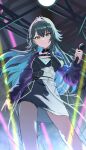  1girl absurdres ankimo_(nirudo) black_dress closed_mouth commentary dress earrings gakuen_idolmaster green_eyes green_hair hair_between_eyes highres holding holding_microphone idol_clothes idolmaster jewelry long_hair long_sleeves looking_at_viewer luna_say_maybe_(idolmaster) microphone official_alternate_costume smile solo tsukimura_temari 