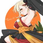  1girl black_sleeves blonde_hair border braid braided_bangs breasts closed_mouth commentary detached_sleeves japanese_clothes kimono large_breasts long_hair long_sleeves looking_at_viewer love_live! love_live!_nijigasaki_high_school_idol_club miyashita_ai obi orange_background orange_eyes orange_sash outside_border profile red_kimono round_border sash shinanoya_(satanicad) sideboob sideless_kimono smile solo swirl tassel untranslatable_commentary white_border 