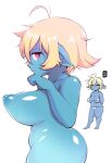  1girl antenna_hair arms_behind_back bikini blonde_hair blue_skin breasts colored_skin commentary completely_nude from_side highres huge_breasts inarou_(rakugakiproject) kuku_(inarou_(rakugakiproject)) micro_bikini navel nipples nude original pink_eyes pointy_ears short_hair shortstack swimsuit thick_arms thick_thighs thighs variant_set white_bikini yellow_eyes 