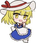  1girl :d apron arm_behind_back blonde_hair blue_dress blush boots chibi chibi_only dress frilled_apron frilled_dress frills full_body hair_between_eyes hand_up hat hat_ribbon kana_anaberal long_dress looking_at_viewer mirei_(miirei) neck_ribbon open_mouth red_ribbon ribbon short_hair short_sleeves simple_background smile solo touhou touhou_(pc-98) transparent_background white_apron white_boots white_hat yellow_eyes 
