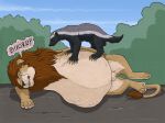 2026 animal_genitalia badger balls belly big_belly black_body black_fur brown_eyes burping duo eye_scar eyes_closed face_imprint facial_scar felid feral feral_pred fully_inside fully_sheathed fur genitals hi_res huge_belly imprint larger_male lion lying male male_feral male_pred mammal mane mdogo mustelid musteline on_side one_eye_(strega) outside pantherine resting scar sheath short_tail size_difference smaller_male story story_at_source strega tail tail_tuft tan_body tan_fur tuft vore