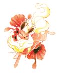  animal_focus artist_name closed_eyes english_commentary flareon flower full_body hawberries no_humans painting_(medium) pokemon pokemon_(creature) pokemon_focus red_flower simple_background solo traditional_media white_background 