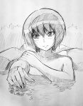  1girl amagami bangs bathing closed_mouth collarbone commentary dripping eyebrows_visible_through_hair foliage greyscale hair_between_eyes head_tilt jishaku_(user_rcuz2843) looking_ahead looking_at_viewer monochrome motion_lines nanasaki_ai nude onsen short_hair sketch smile solo stone upper_body water wet 