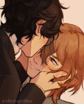  2boys absurdres akechi_goro amamiya_ren black_hair black_jacket brown_hair closed_mouth commentary double-parted_bangs english_commentary grey_jacket hair_between_eyes hands_on_another's_face highres jacket kiss kissing_forehead layered_sleeves long_sleeves male_focus medium_hair multiple_boys one_eye_closed persona persona_5 red_eyes school_uniform short_hair shrimpribs shuujin_academy_school_uniform simple_background smile suit_jacket twitter_username yaoi 
