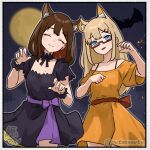  2girls ^_^ animal_ear_fluff artist_name bat_(animal) black_dress blonde_hair blue_eyes border bow breasts brown_hair choker claw_pose closed_eyes closed_mouth collarbone commentary_request cowboy_shot dress full_moon fuyudori_yukino glasses hair_between_eyes hair_ornament hairclip highres long_hair medium_hair moon multiple_girls neck_ribbon night off-shoulder_dress off_shoulder open_mouth orange_dress original red-framed_eyewear ribbon sash scrunchie semi-rimless_eyewear short_sleeves smile spaghetti_strap under-rim_eyewear waist_bow waist_sash wrist_scrunchie 