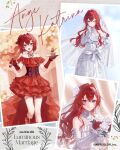  1girl 2026 ange_katrina bare_shoulders blue_eyes bouquet bridal_veil bride cake character_name copyright_notice corset crossed_bangs dahlia dress dress_flower earrings elbow_gloves embroidery english_text esukee floral_print floral_print_dress flower flower_request food fork fruit gloves hair_between_eyes hair_flower hair_intakes hair_ornament halter_dress halterneck hand_on_own_hip hands_up highres holding holding_bouquet holding_food holding_fork holding_plate jewelry long_hair looking_at_viewer medium_hair multiple_views nijisanji official_alternate_costume official_art photo_(object) plate print_dress red_corset red_dress red_flower red_gloves red_hair red_rose rose second-party_source short_dress short_sleeves sleeveless sleeveless_dress smile strawberry strawberry_shortcake train_(clothing) transparent_flower triangle_hair_ornament veil virtual_youtuber white_dress white_flower white_gloves white_rose 