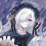  1girl artist_name bare_shoulders blue_hairband bow collarbone commentary_request dress frilled_dress frills goat_horns gothic_lolita hair_over_one_eye hairband highres horns lolita_fashion lolita_hairband long_hair mahou_shoujo_no_majo_saiban natsume_an-an nutsumi47 off-shoulder_dress off_shoulder polka_dot polka_dot_bow portrait purple_eyes signature solo spoilers white_hair witch_(manosaba) 