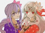  0_hikidashi_100 2girls asian_indian_clothes breasts collar commentary divine_entity dress durga_(fate) durga_(second_ascension)_(fate) earrings fate/grand_order fate_(series) flower hair_flower hair_ornament hair_ribbon headpiece highres jewelry large_breasts long_hair looking_at_viewer lotus lotus_print metal_collar multiple_girls necklace open_mouth parvati_(fate) parvati_(final_ascension)_(fate) parvati_(third_ascension)_(fate) purple_eyes purple_hair red_dress red_eyes ribbon sari simple_background snake snake_wrapped_around_neck very_long_hair white_background white_hair white_snake 