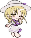  1girl ;) barefoot blonde_hair blush chibi chibi_only closed_mouth dress full_body hand_up hat hat_ribbon long_hair looking_at_viewer louise_(touhou) mirei_(miirei) neckerchief one_eye_closed parted_bangs purple_neckerchief purple_ribbon ribbon short_sleeves simple_background smile solo standing touhou touhou_(pc-98) transparent_background white_dress white_hat yellow_eyes 