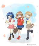  3girls backpack bag blonde_hair blue_eyes blue_hair book brown_hair cellphone cherry_blossoms commentary_request dawn_(pokemon) food highres holding holding_book may_(pokemon) multiple_girls open_mouth phone pokemon pokemon_(anime) pokemon_journeys pokemon_the_series:_diamond_and_pearl pokemon_the_series:_ruby_and_sapphire school_uniform serena_(pokemon) simple_background smartphone smile walking xrqu2xk8qb47501 