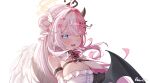  1girl absurdres alt_text arm_belt asymmetrical_wings belt black_belt black_wings blue_eyes braid breasts center_frills cleavage commentary_request feathered_wings firanstill1 frills hair_bun hair_intakes hair_ornament halo head_wings heart heart_hair_ornament heart_in_eye heterochromia highres horns indie_virtual_youtuber korean_commentary large_breasts long_hair mismatched_wings mole mole_on_breast momosiro_kana multicolored_hair pill_hair_ornament second-party_source single_horn solo split-color_clothes split-color_hair symbol_in_eye upper_body virtual_youtuber white_background white_wings wings yellow_eyes 