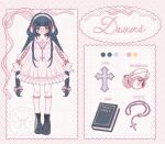  1girl a-pose ankle_boots arunyi bible_(object) black_boots black_hair blue_eyes blunt_bangs book boots bow braid center_frills color_guide commission commissioner_insert commissioner_name cross cross-laced_clothes cross-laced_sleeves cross_hair_ornament cross_necklace cross_patonce dress frilled_dress frilled_dress_collar frilled_sleeves frills full_body grid_background hair_bow hair_ornament headphones heterochromia highres jewelry kneehighs knees lace-up_boots latin_cross lipstick long_hair long_sidelocks long_sleeves looking_at_viewer makeup multiple_hair_bows necklace orange_eyes original outstretched_arm pink_background pink_bow pink_dress pink_lips pink_ribbon pink_socks platform_boots pleated_dress polka_dot polka_dot_background puffy_long_sleeves puffy_sleeves puritan_collar reference_sheet ribbon rosary round_eyewear short_dress short_eyebrows sidelocks sleeve_bow socks solo standing straight-on twin_braids very_long_hair very_long_sidelocks vgen_commission watermark 