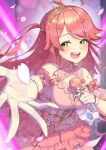  1girl :d absurdres ahoge bare_shoulders blush bow braid breasts cherry_blossoms choker cleavage_cutout clothing_cutout commentary_request concert cowboy_shot cross-laced_clothes cross-laced_dress dot_nose dress earrings falling_petals floating_hair flower flower_earrings flower_hairclip foreshortening frilled_choker frilled_dress frilled_gloves frilled_sleeves frills gloves gold_tiara gold_trim green_eyes hair_flower hair_ornament hairclip half-closed_eyes highres holding holding_microphone hololive idol idol_clothes jewelry juu1010 large_breasts layered_dress long_hair looking_at_viewer looking_to_the_side loose_hair_strand microphone motion_blur official_alternate_costume official_alternate_hairstyle open_mouth outstretched_arm parted_bangs petals pink_bow pink_choker pink_dress pink_hair pink_petals pink_sleeves reaching reaching_towards_viewer red_bow ribbon sakura_miko sakura_miko_(flower_fantasista!) short_sleeves side_braids side_part sidelocks smile solo sparkle stage stage_lights string_of_pearls swept_bangs tiara tilted_headwear two_side_up very_long_hair virtual_youtuber white_gloves white_ribbon 