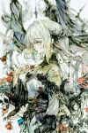  1girl 7na5go blurry blurry_background cowboy dress flower frills from_side highres holding leaf lineart looking_to_the_side original rose short_hair solo white_dress white_hair 