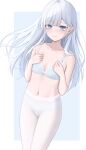  1girl absurdres blue_background blue_eyes blush breasts codename696 commentary_request highres long_hair long_sleeves looking_at_viewer mole mole_under_eye navel original panties panties_under_pantyhose pantyhose pointy_ears simple_background small_breasts solo underwear white_hair white_panties white_pantyhose 