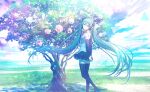  1girl aqua_eyes aqua_hair arms_behind_back bare_shoulders black_footwear black_skirt blue_sky blurry blurry_background boots chain cloud cloudy_sky collared_shirt colorful crystal crystal_ball dappled_sunlight day detached_sleeves dot_nose feet_out_of_frame floating_hair glint grass hatsune_miku head_tilt headset highres horizon ixima knees_together_feet_apart landscape light_particles long_hair looking_at_viewer looking_back necktie number_tattoo official_art outdoors pleated_skirt project_sekai shirt shoulder_tattoo skirt sky sleeveless sleeveless_shirt smile solo standing standing_on_one_leg sunlight tattoo thigh_boots thighhighs tree triangle twintails very_long_hair vocaloid white_shirt wide_shot zettai_ryouiki 
