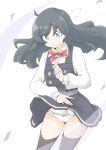  1girl akara_kai asashio_(kancolle) asashio_kai_ni_(kancolle) black_hair black_thighhighs blue_eyes blush bow bow_panties breasts clothes_lift commentary_request dress dress_lift flat_chest floating_hair flying_sweatdrops highres kantai_collection long_hair long_sleeves looking_at_viewer neck_ribbon outdoors panties pantyshot pinafore_dress red_ribbon ribbon school_uniform shirt simple_background sky sleeveless sleeveless_dress solo thighhighs underwear white_background white_panties white_shirt wind wind_lift 