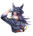  1girl absurdres animal_ears black_hair black_jacket black_shirt breasts bright_pupils closed_mouth commentary_request cropped_torso ears_through_headwear fenomeno_(black_flames_of_the_righteous_spirit)_(umamusume) fenomeno_(umamusume) flipped_hair gloves hat highres horse_ears horse_girl horseshoe_hat_ornament horseshoe_ornament jacket long_hair long_sleeves looking_at_viewer multicolored_hair ohayonabeno peaked_cap purple_eyes purple_hair shirt simple_background umamusume white_background white_gloves 