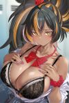  1girl :o absurdres bare_shoulders black_bra black_hair blush bow bowtie bra breasts cleavage collarbone colored_inner_hair commentary commission crossed_bangs dark-skinned_female dark_skin dice_hair_ornament english_commentary eyebrow_piercing face_piercing green_eyes gyaru hair_between_eyes hair_ornament hands_on_own_chest highres huge_breasts lace-trimmed_bra lace_trim long_hair looking_at_viewer multicolored_hair nail_polish off_shoulder orange_hair original parted_lips piercing pink_hair pink_nails ponytail red_bow red_bowtie red_scrunchie scrunchie shirt skindentation solo steaming_body streaked_hair sweat tsunamagu underwear upper_body very_long_hair vgen_commission white_shirt wrist_scrunchie 